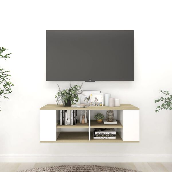 vidaXL N&aacute;stěnn&aacute; TV skř&iacute;ňka b&iacute;l&aacute; a dub sonoma 102x35x35 cm dřevotř&iacute;ska