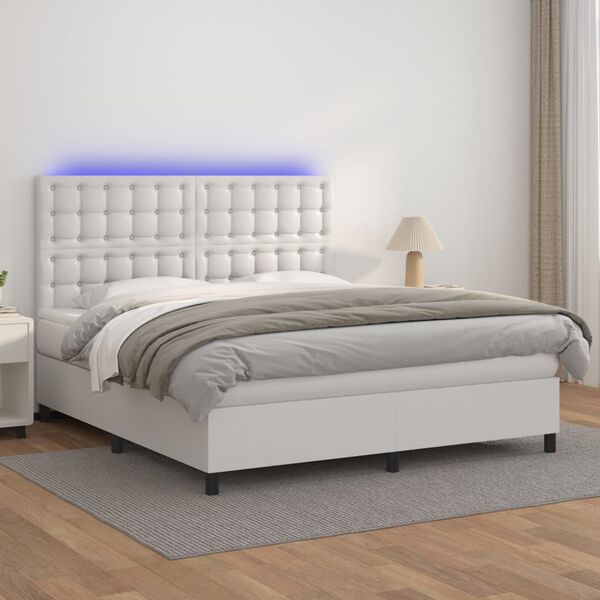vidaXL Box spring postel s matrac&iacute; a LED b&iacute;l&aacute; 180x200 cm uměl&aacute; kůže