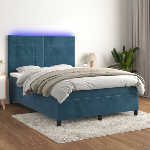 vidaXL Box spring postel s matrac&iacute; a LED tmavě modr&aacute; 140x190 cm samet