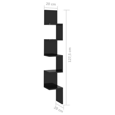 vidaXL Nástěnná rohová police černá lesklá 20x20x127,5 cm dřevotříska