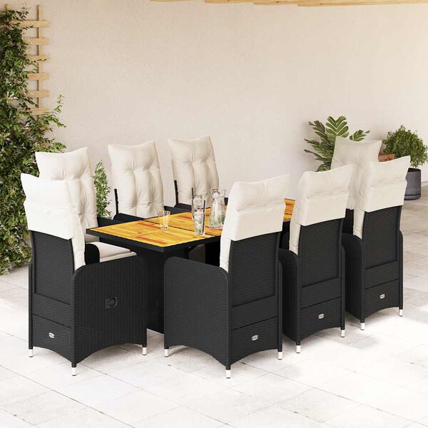 vidaXL 9d&iacute;ln&yacute; zahradn&iacute; bistro set s podu&scaron;kami čern&yacute; polyratan