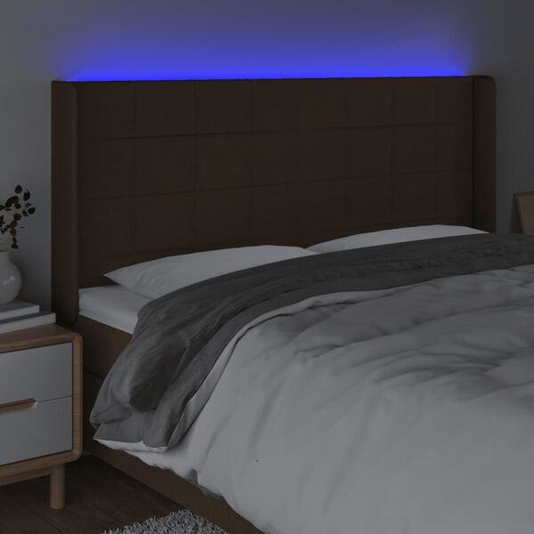 vidaXL Čelo postele s LED tmavě hněd&eacute; 203 x 16 x 118/128 cm textil