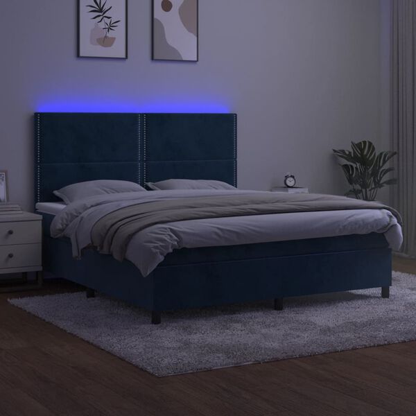 vidaXL Box spring postel s matrac&iacute; a LED tmavě modr&aacute; 180x200 cm samet