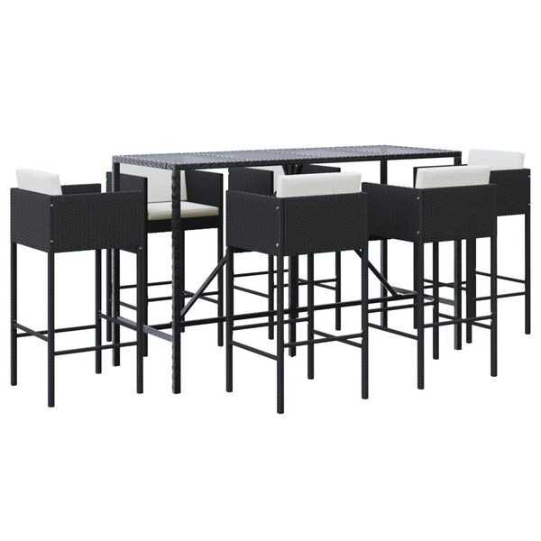 vidaXL 7dílný zahradní barový set s poduškami černý polyratan