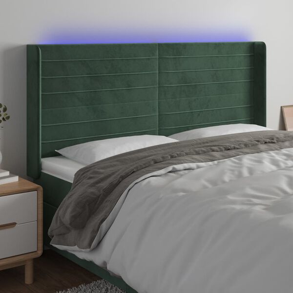 vidaXL Čelo postele s LED tmavě zelen&eacute; 203 x 16 x 118/128 cm samet