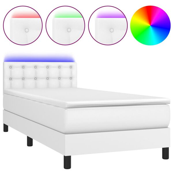vidaXL Box spring postel s matrac&iacute; a LED b&iacute;l&aacute; 90x200 cm uměl&aacute; kůže