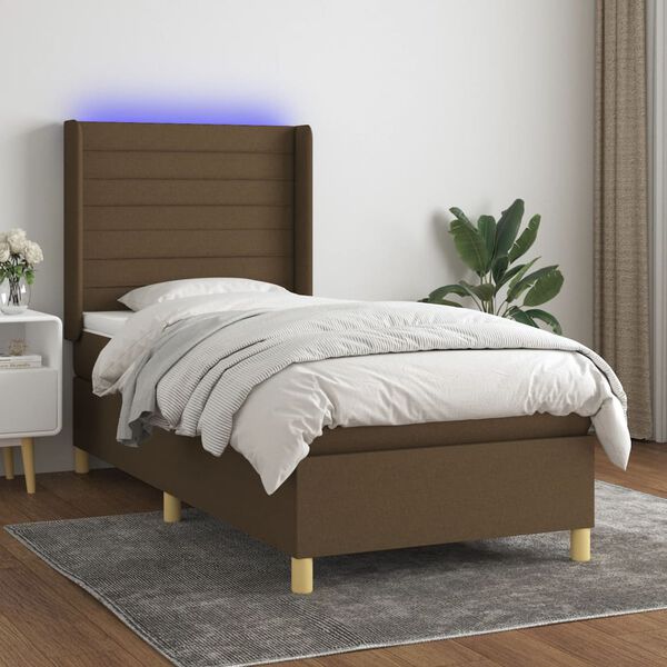 vidaXL Box spring postel s matrac&iacute; a LED tmavě hněd&aacute; 90x190 cm textil