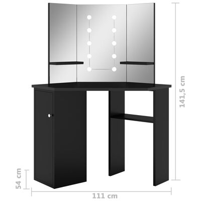 vidaXL Rohový toaletní stolek s LED světlem černý 111 x 54 x 141,5 cm