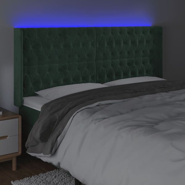 vidaXL Čelo postele s LED tmavě zelen&eacute; 183 x 16 x 118/128 cm samet