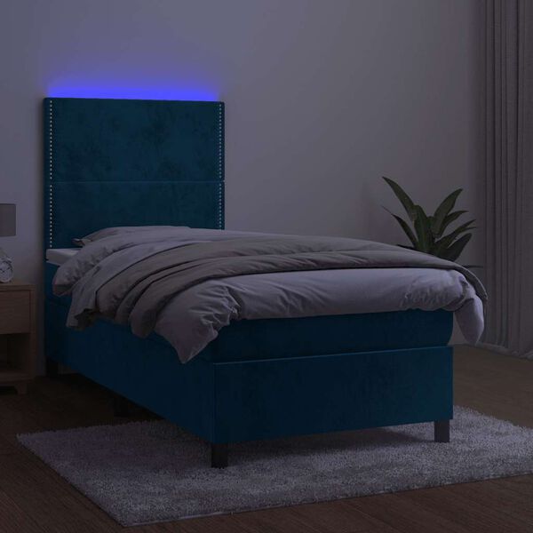 vidaXL Box spring postel s matrac&iacute; a LED tmavě modr&aacute; 90x190 cm samet