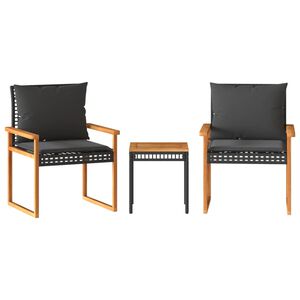 vidaXL 3d&iacute;ln&yacute; bistro set s podu&scaron;kami čern&yacute; polyratan ak&aacute;ciov&eacute; dřevo