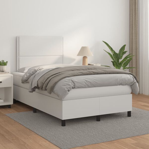 vidaXL Box spring postel s matrac&iacute; b&iacute;l&aacute; 120x190 cm uměl&aacute; kůže