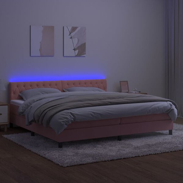 vidaXL Box spring postel s matrac&iacute; a LED růžov&aacute; 200x200 cm samet