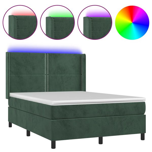 vidaXL Box spring postel s matrac&iacute; a LED tmavě zelen&aacute; 140x200 cm samet
