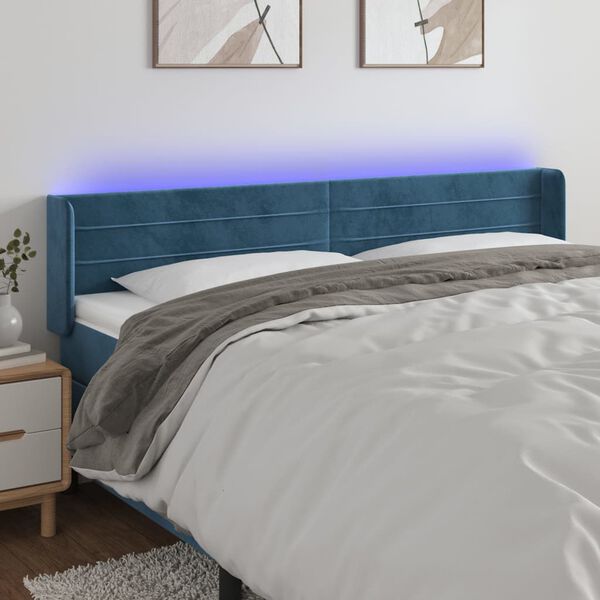 vidaXL Čelo postele s LED tmavě modr&eacute; 183 x 16 x 78/88 cm samet