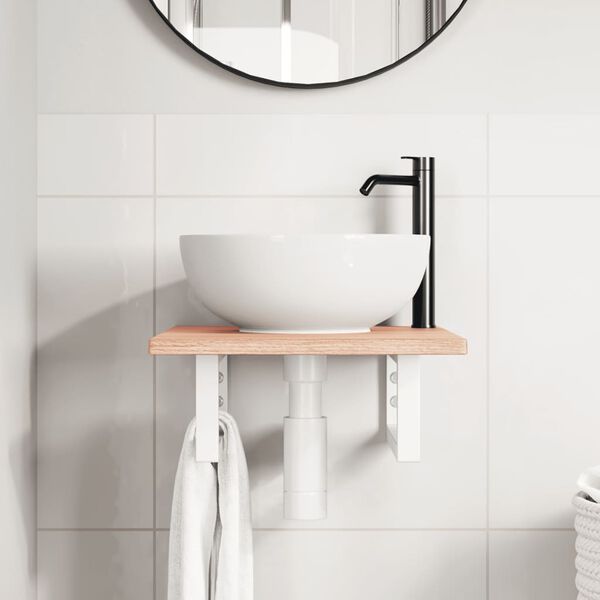 vidaXL Deska pod umyvadlo nástěnná ocel a masivní dubové dřevo