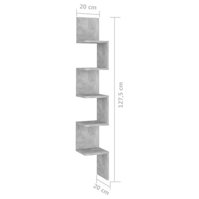 vidaXL Nástěnná rohová police betonově šedá 20x20x127,5 cm dřevotříska