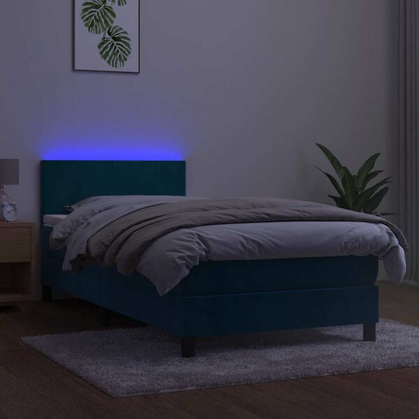 vidaXL Box spring postel s matrac&iacute; a LED tmavě modr&aacute; 90x190 cm samet