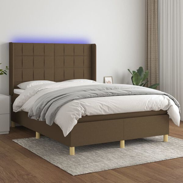 vidaXL Box spring postel s matrac&iacute; a LED tmavě hněd&aacute; 140x190 cm textil