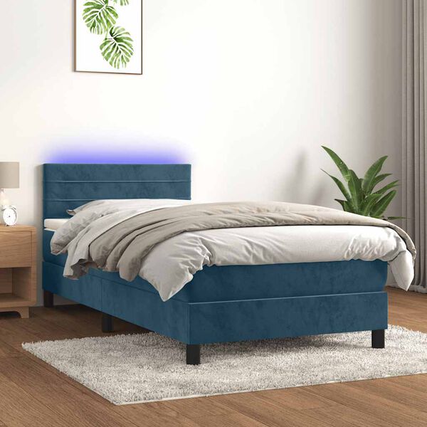 vidaXL Box spring postel s matrac&iacute; a LED tmavě modr&aacute; 90x190 cm samet
