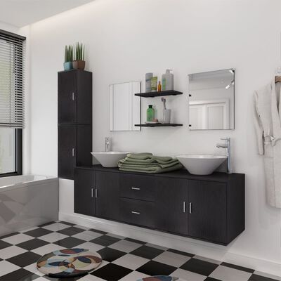 vidaXL 9dílný set koupelnového nábytku s umyvadly černý
