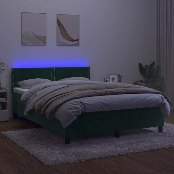 vidaXL Box spring postel s matrac&iacute; a LED tmavě zelen&aacute; 140x190 cm samet