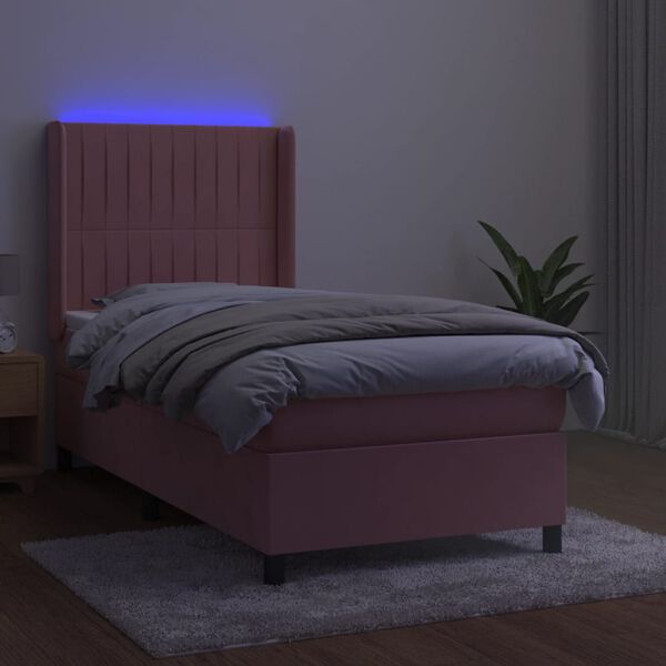 vidaXL Box spring postel s matrac&iacute; a LED růžov&aacute; 90x200 cm samet