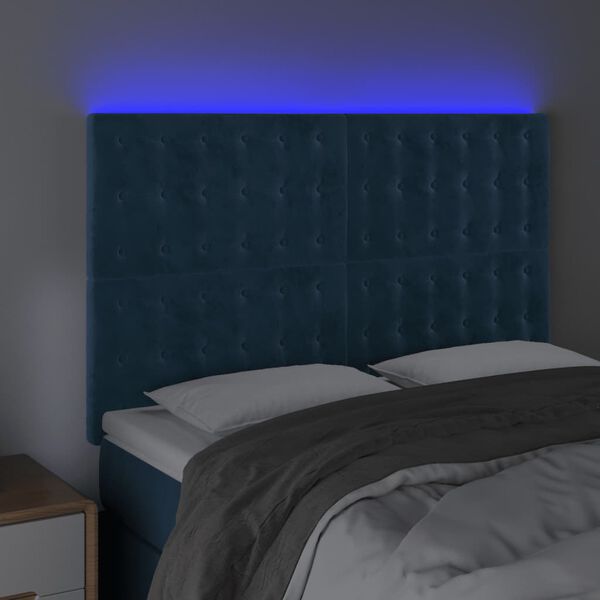 vidaXL Čelo postele s LED tmavě modr&eacute; 144x5x118/128 cm samet