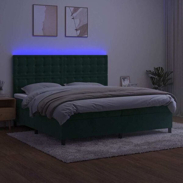 vidaXL Box spring postel s matrac&iacute; a LED tmavě zelen&aacute; 200x200 cm samet