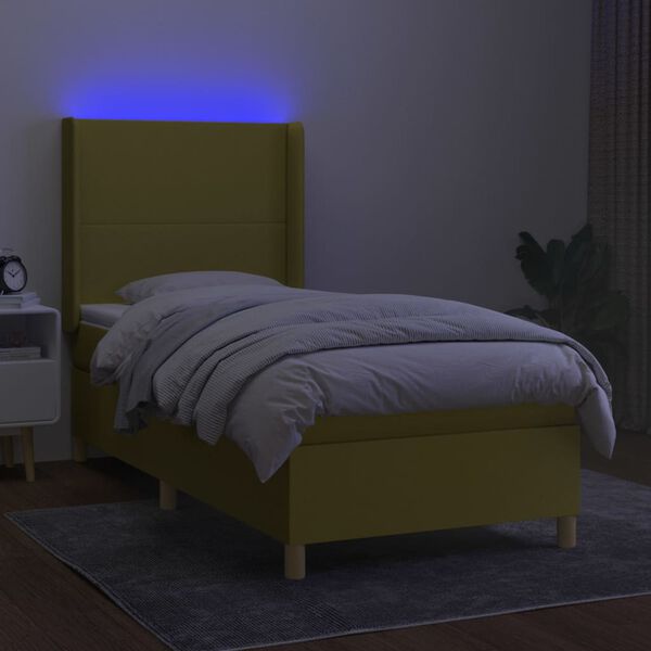 vidaXL Box spring postel s matrac&iacute; a LED zelen&aacute; 90x200 cm textil