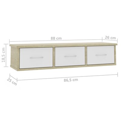 vidaXL Nástěnná police se zásuvkami bílá a sonoma dub 88x26x18,5 cm