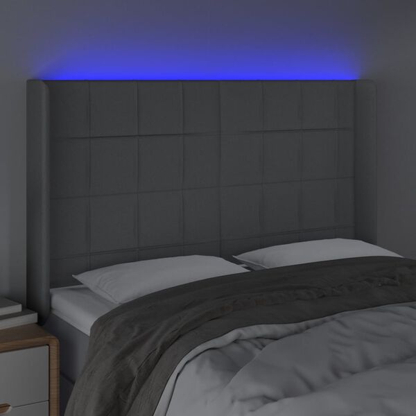 vidaXL Čelo postele s LED světle &scaron;ed&eacute; 147x16x118/128 cm textil