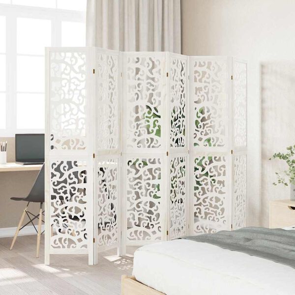 vidaXL Parav&aacute;n 6d&iacute;ln&yacute; b&iacute;l&yacute; masivn&iacute; dřevo pavlovnie