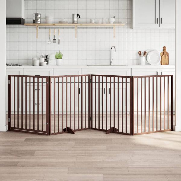 vidaXL Psí branka s dvířky, skládací, 4 panely, hnědá, 320 cm, topolové dřevo