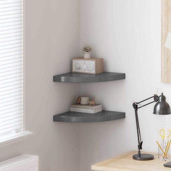 323914 vidaXL Floating Corner Shelves 2 pcs High Gloss Grey 35x35x3,8 cm MDF