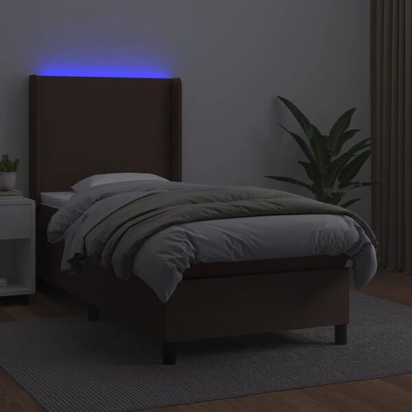 vidaXL Box spring postel s matrac&iacute; a LED hněd&aacute; 90x200 cm uměl&aacute; kůže