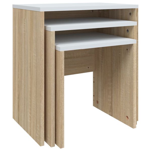 vidaXL Hn&iacute;zdov&eacute; konferenčn&iacute; stolky 3 ks b&iacute;l&eacute; a dub sonoma dřevotř&iacute;ska