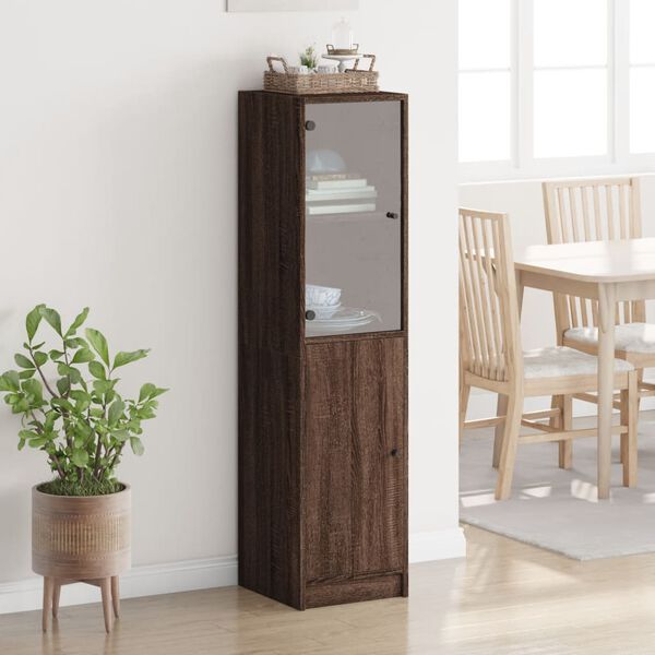 vidaXL Highboard se skleněn&yacute;mi dv&iacute;řky hněd&yacute; dub 35 x 37 x 142 cm
