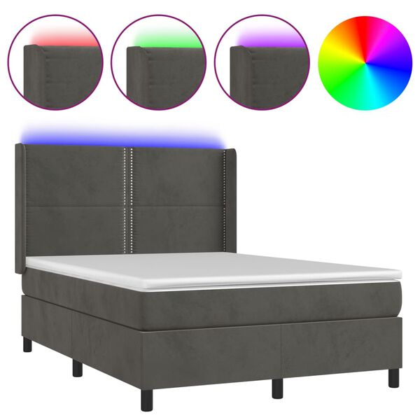 vidaXL Box spring postel s matrac&iacute; a LED tmavě &scaron;ed&aacute; 140x200 cm samet