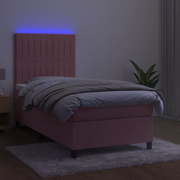 vidaXL Box spring postel s matrac&iacute; a LED růžov&aacute; 90x200 cm samet