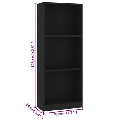 vidaXL 3patrová knihovna černá 40 x 24 x 108 cm dřevotříska