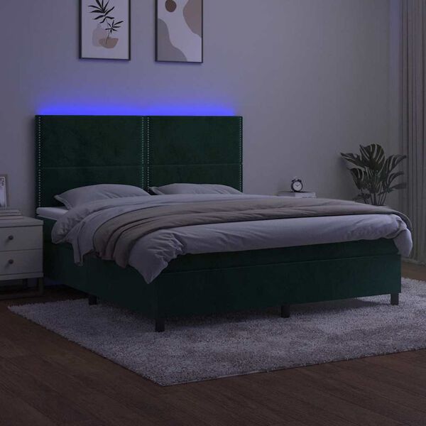vidaXL Box spring postel s matrac&iacute; a LED tmavě zelen&aacute; 180x200 cm samet