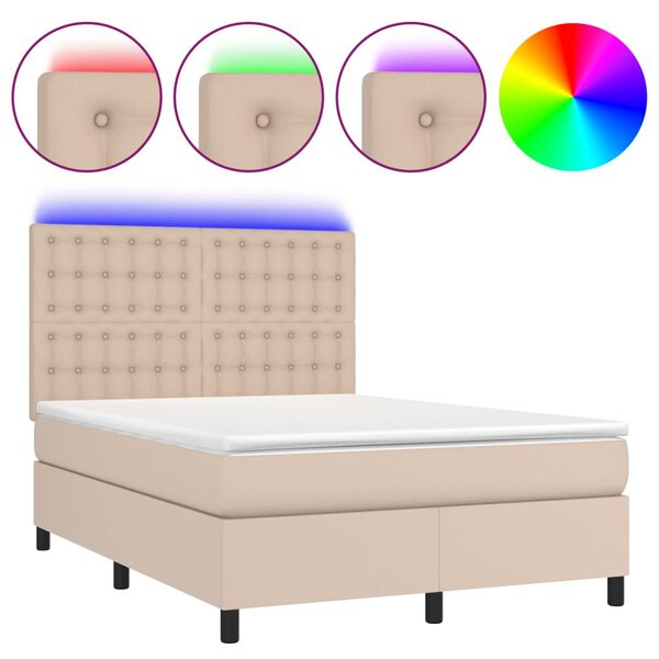 vidaXL Box spring postel matrace a LED cappuccino 140x190cm uměl&aacute; kůže