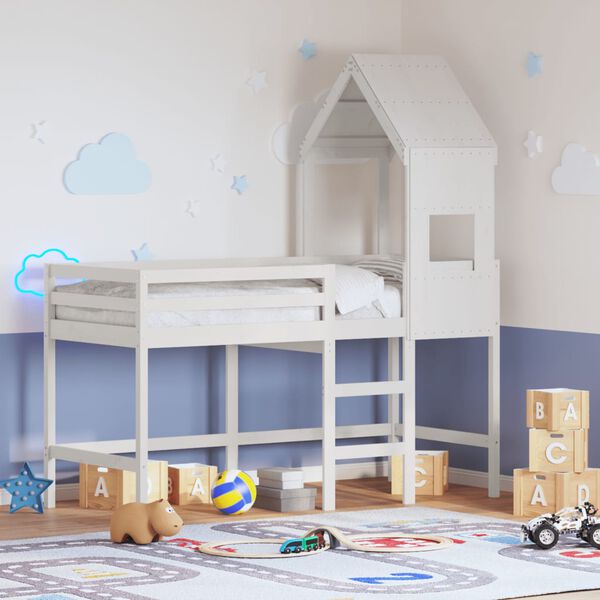 vidaXL Patrov&aacute; postel s žebř&iacute;kem a střechou b&iacute;l&aacute; 90 x 190 cm borovice