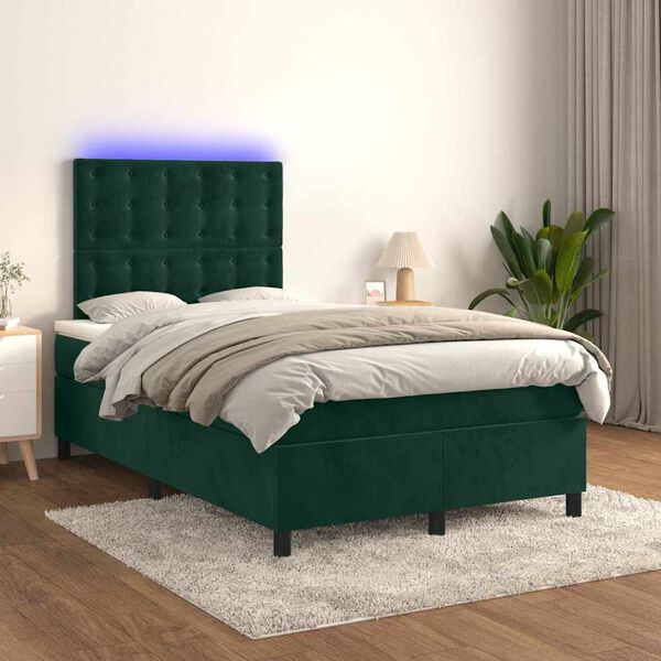 vidaXL Box spring postel s matrac&iacute; a LED tmavě zelen&aacute; 120x200 cm samet