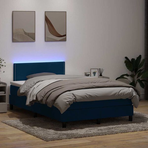 vidaXL Box spring postel s matrac&iacute; a LED tmavě modr&aacute; 120x220 cm samet