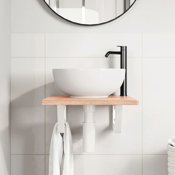 vidaXL Deska pod umyvadlo n&aacute;stěnn&aacute; ocel a masivn&iacute; dubov&eacute; dřevo