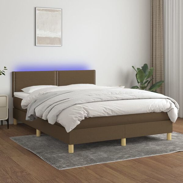 vidaXL Box spring postel s matrac&iacute; a LED tmavě hněd&aacute; 140x190 cm textil