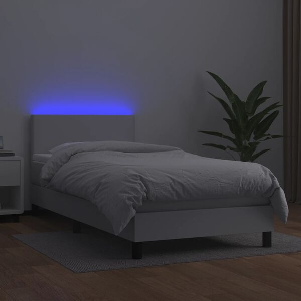 vidaXL Box spring postel s matrac&iacute; a LED b&iacute;l&aacute; 90x190 cm uměl&aacute; kůže