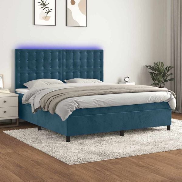 vidaXL Box spring postel s matrac&iacute; a LED tmavě modr&aacute; 180x200 cm samet